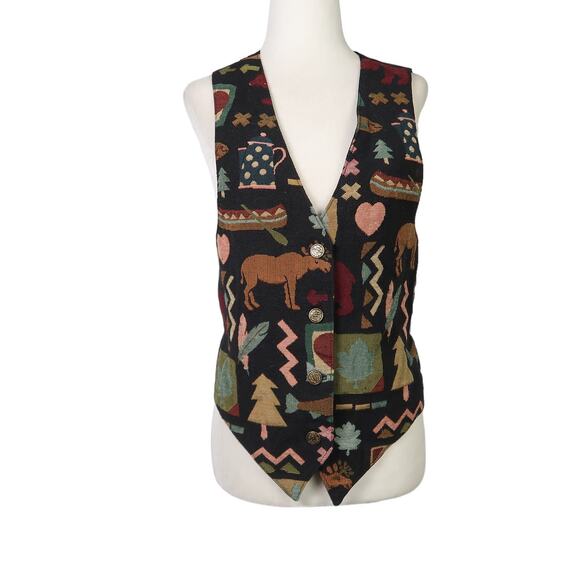 Vintage 90s Nadia black and brown moose nature tapestry vest L - Picture 1 of 6